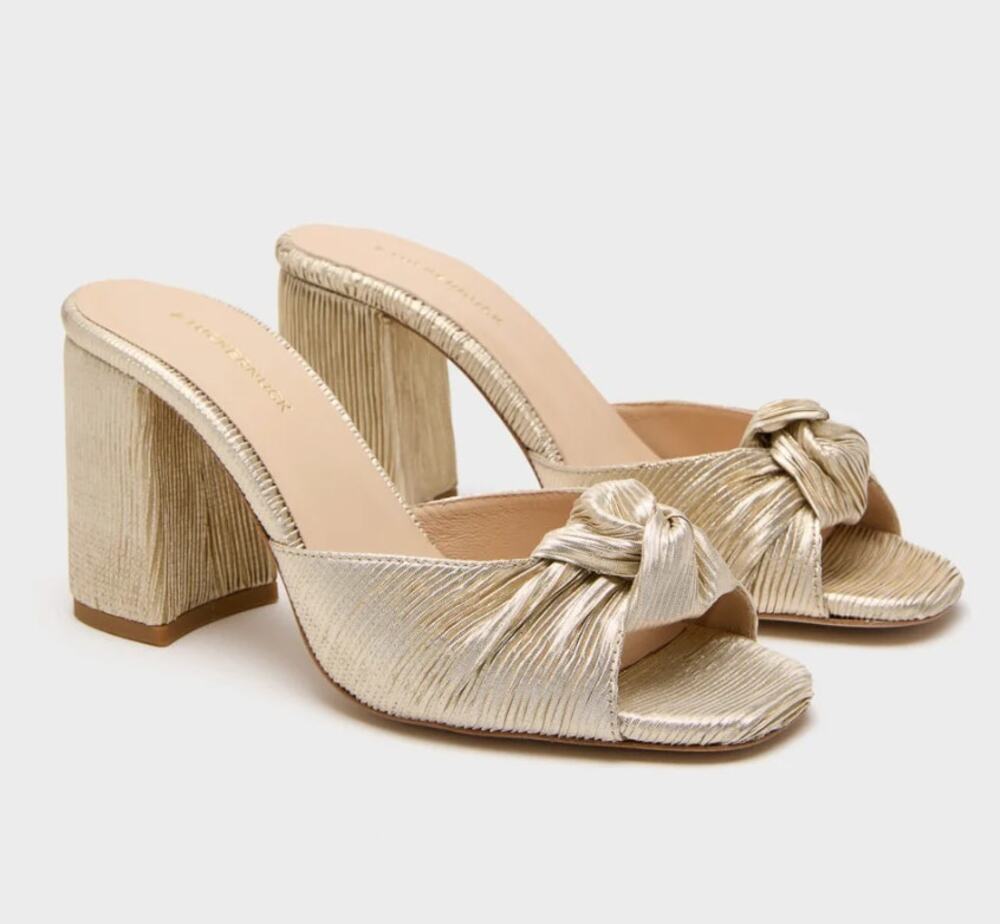 Tuckernuck Blake Block Heels 9 NWT Gold Pleated Sandals Knot Slide Tan Mules